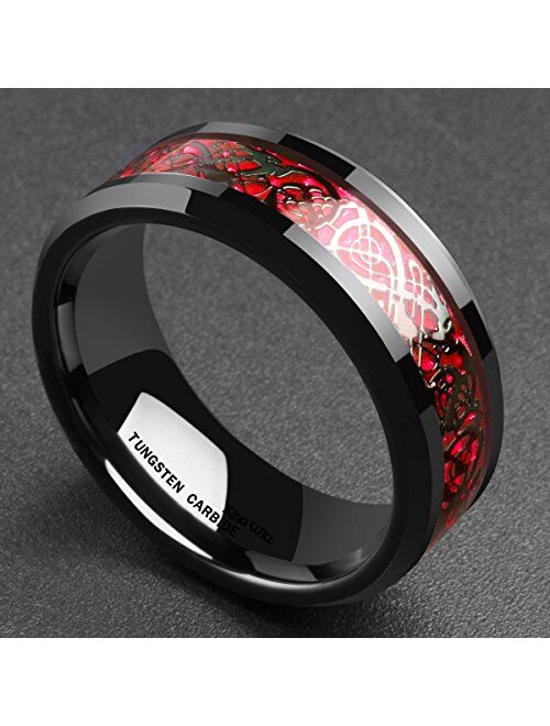 King Will DRAGON Men's 8mm Red Carbon Fiber Black Celtic Dragon Tungsten Carbide Ring Comfort Fit Wedding Band