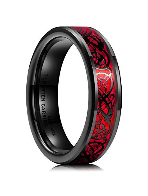 King Will DRAGON Men's 8mm Red Carbon Fiber Black Celtic Dragon Tungsten Carbide Ring Comfort Fit Wedding Band