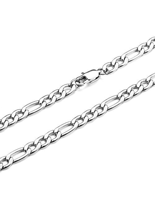 MOWOM Silver Tone 5.0mm Wide Stainless Steel Necklace Figaro Chain Link 14~40 Inch