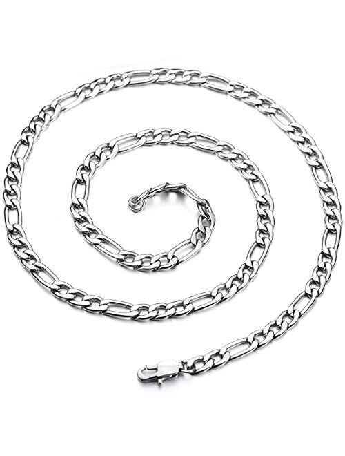 MOWOM Silver Tone 5.0mm Wide Stainless Steel Necklace Figaro Chain Link 14~40 Inch