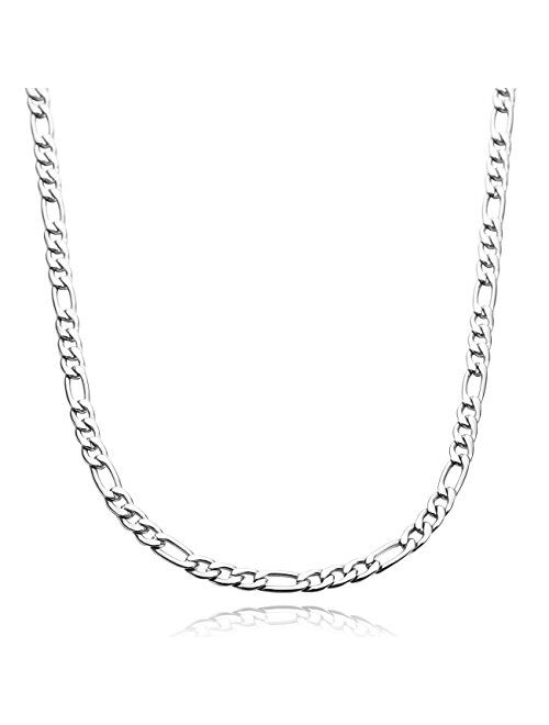 MOWOM Silver Tone 5.0mm Wide Stainless Steel Necklace Figaro Chain Link 14~40 Inch