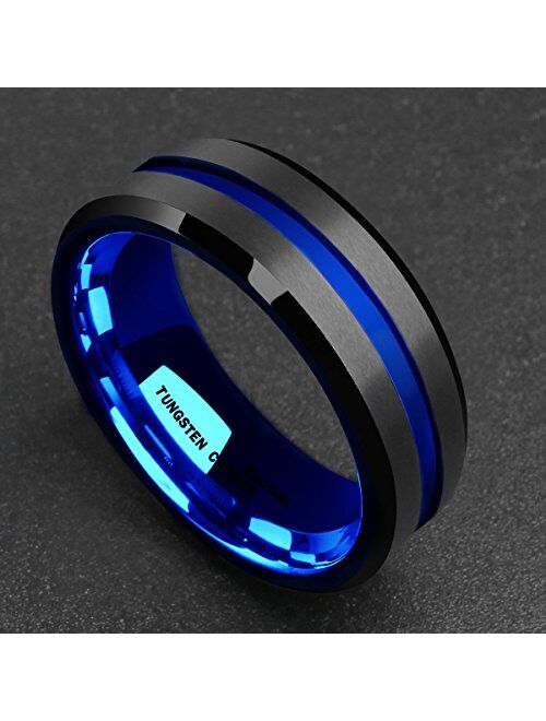 King Will Mens Black Matte Finish Tungsten Carbide/Tungsten Silicone Set Ring Blue Wedding Band