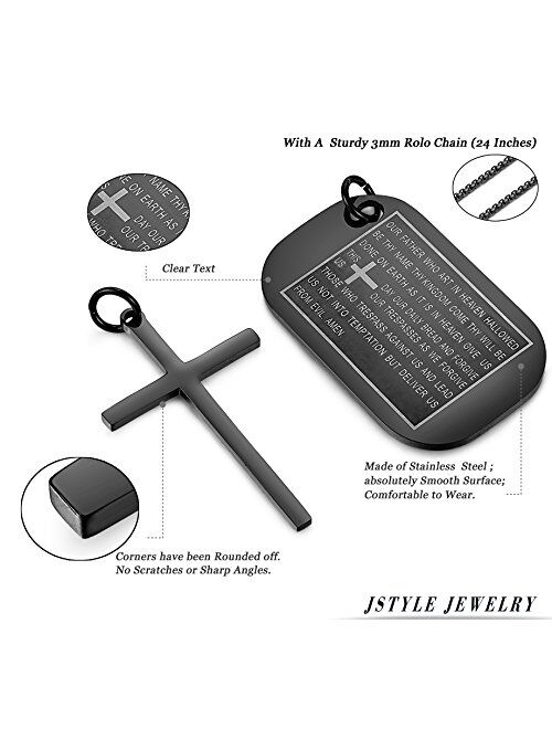Jstyle Stainless Steel Dog Tags Cross Necklaces for Men Prayer Cross Necklace Military Rolo Chain 3mm 24 Inch Black Bible Prayer
