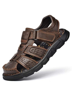 Feichi Men's Sport Sandals Closed Toe Outdoor Handmade Leather Sandal Adjustable Summer Fisherman Beach Shoes