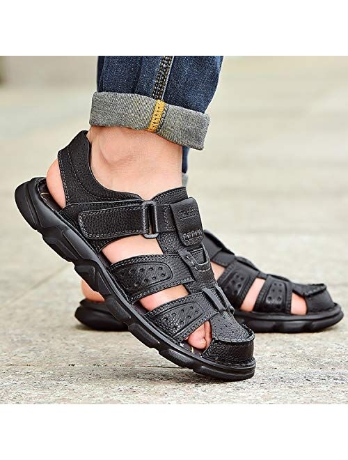 Feichi Men's Sport Sandals Closed Toe Outdoor Handmade Leather Sandal Adjustable Summer Fisherman Beach Shoes