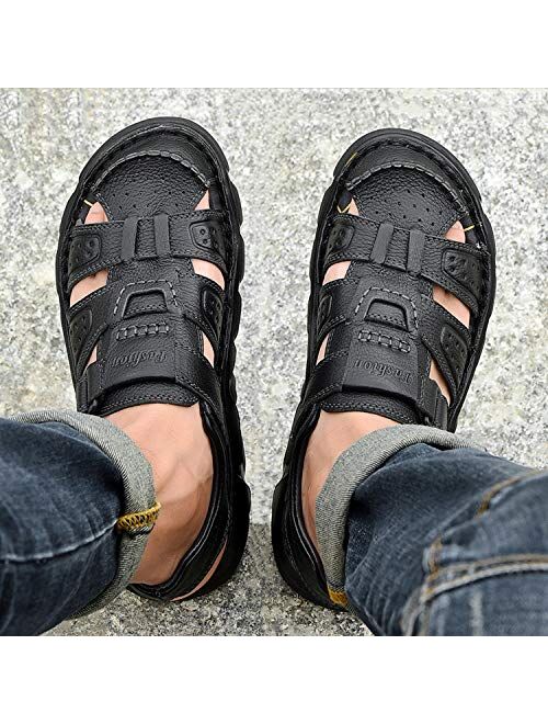 Feichi Men's Sport Sandals Closed Toe Outdoor Handmade Leather Sandal Adjustable Summer Fisherman Beach Shoes