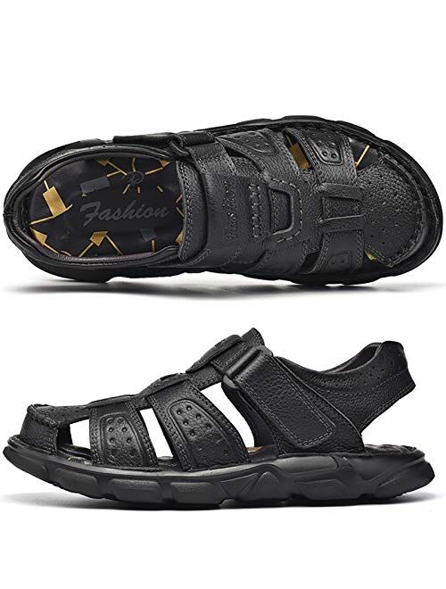 Feichi Men's Sport Sandals Closed Toe Outdoor Handmade Leather Sandal Adjustable Summer Fisherman Beach Shoes