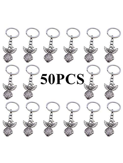 PHAETON 50PCS Silver Tone Guardian Angel Charm Keychain Key Ring, 3.14