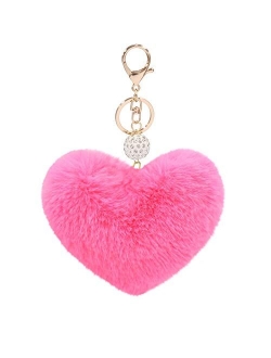 Women's Heart Faux Fur Pom Pom Key Chains Bag Accessory Puffball Keyring Backpack Charms for Girls