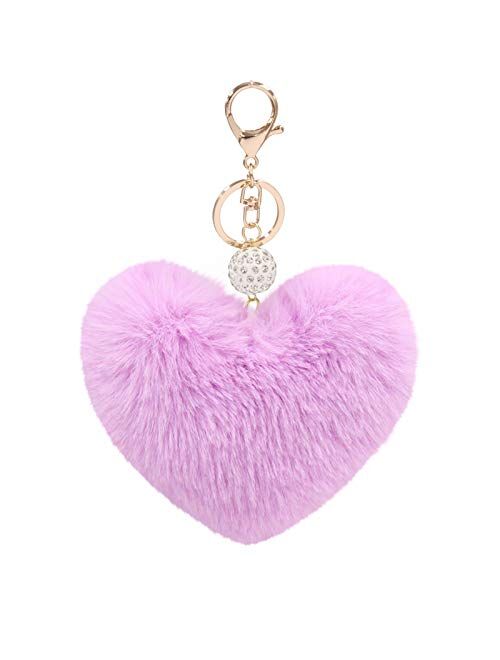 Women's Heart Faux Fur Pom Pom Key Chains Bag Accessory Puffball Keyring Backpack Charms for Girls