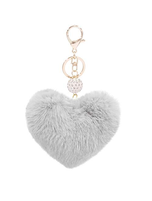 Women's Heart Faux Fur Pom Pom Key Chains Bag Accessory Puffball Keyring Backpack Charms for Girls