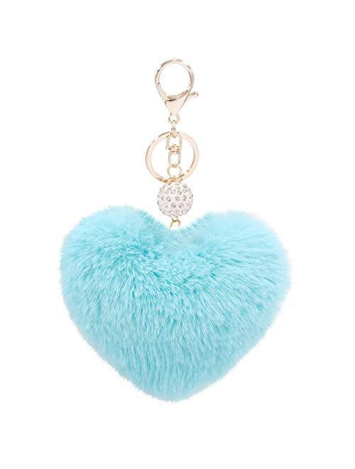 Women's Heart Faux Fur Pom Pom Key Chains Bag Accessory Puffball Keyring Backpack Charms for Girls