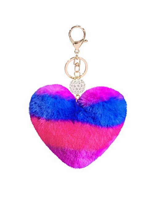 Women's Heart Faux Fur Pom Pom Key Chains Bag Accessory Puffball Keyring Backpack Charms for Girls