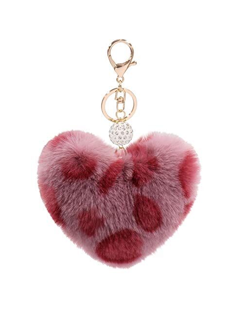 Women's Heart Faux Fur Pom Pom Key Chains Bag Accessory Puffball Keyring Backpack Charms for Girls