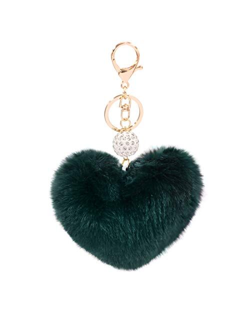 Women's Heart Faux Fur Pom Pom Key Chains Bag Accessory Puffball Keyring Backpack Charms for Girls