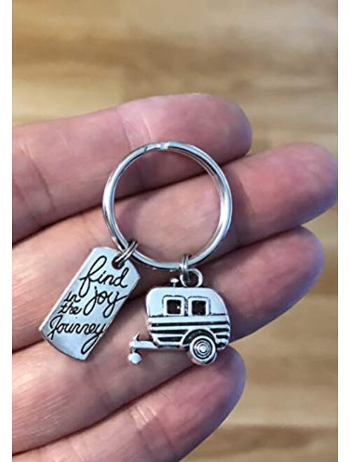 Camper Trailer RV Mini Camper Camping Find Joy in the Journey Charm Keychain Gift