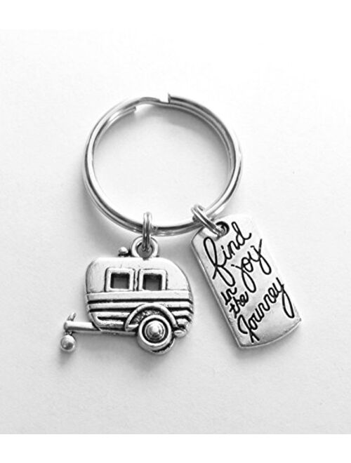 Camper Trailer RV Mini Camper Camping Find Joy in the Journey Charm Keychain Gift