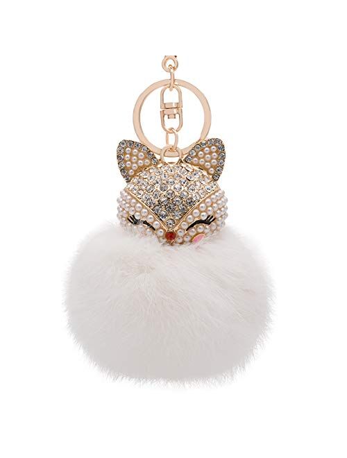 HOYUNLA Rabbit Fur Ball Pom Pom Keychain with Fox Head Inlay Pearl Rhinestone for Women Backpack Car Key Chain Decoration