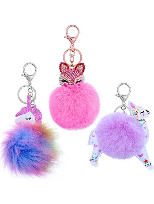 3 Pieces Animal Pom Pom Keychain Cute Fluffy Key Ring Unicorn Keychain for Women Bag Accessories