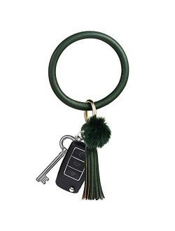 Key Ring Bracelet Wristlet Keychain Bracelet Bangle Leather Circle Tassel Pom Pom Keyring Holder Bag Charms For Women Girls