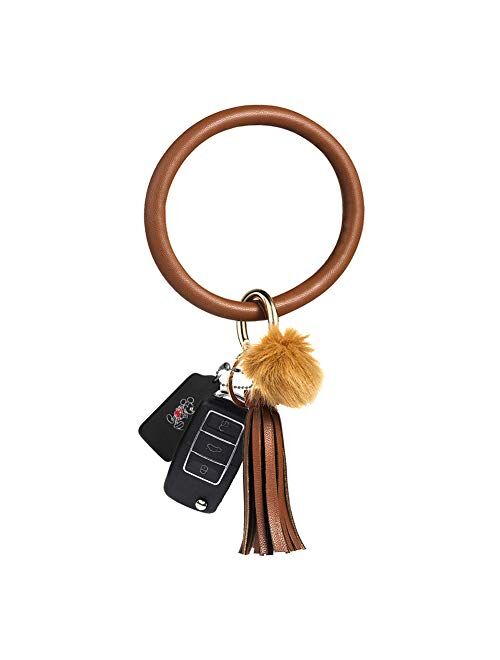 Key Ring Bracelet Wristlet Keychain Bracelet Bangle Leather Circle Tassel Pom Pom Keyring Holder Bag Charms For Women Girls