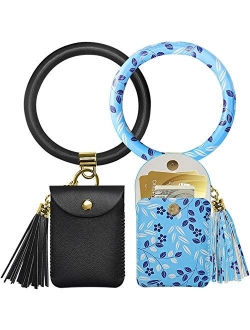 Keychain Wallet Bracelet,2 Pack Key Ring Bracelet and Card Pocket Leather Tassel