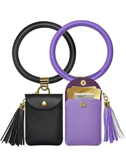 Keychain Wallet Bracelet,2 Pack Key Ring Bracelet and Card Pocket Leather Tassel