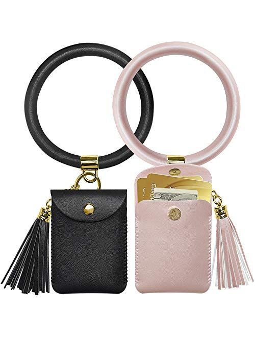 Keychain Wallet Bracelet,2 Pack Key Ring Bracelet and Card Pocket Leather Tassel