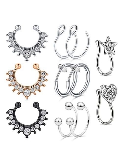 JFORYOU 6Pcs Nose Rings Fake 16G Stainless Steel Inlaid CZ Faux Piercing Jewelry Fake Nose Ring Spring Clip on Circle Hoop No Pierced Septum Nose Ring Women Men