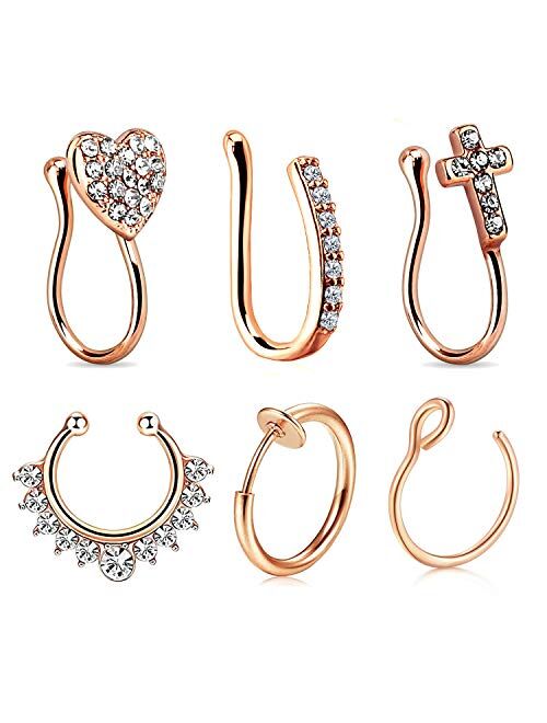 JFORYOU 6Pcs Nose Rings Fake 16G Stainless Steel Inlaid CZ Faux Piercing Jewelry Fake Nose Ring Spring Clip on Circle Hoop No Pierced Septum Nose Ring Women Men