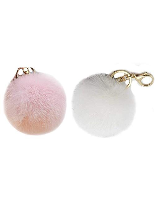 Valpeak 9.5cm Rabbit Fur Ball Pom Pom Keychain Fluffy Fur Keychain for Women Fur Pom Pom Key Chain(Light Pink)