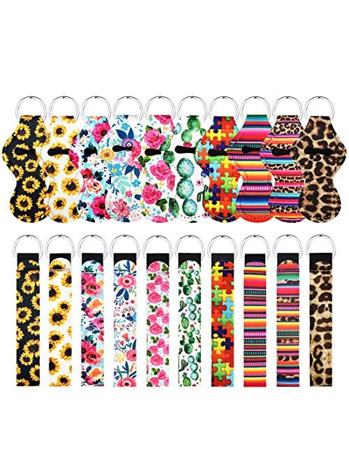 10 pcs Chapstick Holder Keychains with 10 pcs Neoprene Wristlet Keychain Lanyards, Vibrant Colors, Lightweight Lip Balm Keychain Holder, Chapstick Keyring Holder Portable