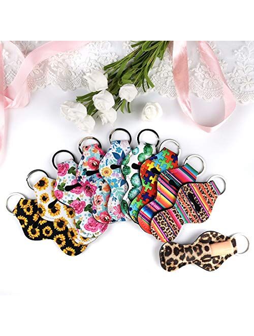 10 pcs Chapstick Holder Keychains with 10 pcs Neoprene Wristlet Keychain Lanyards, Vibrant Colors, Lightweight Lip Balm Keychain Holder, Chapstick Keyring Holder Portable