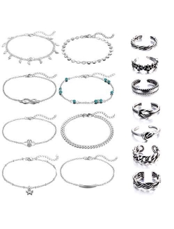 Dremcoue Adjustable Beach Anklets Toe Rings for Women Girls Band Open Toe Ring Anklet Bracelets Chains Beach Foot Jewelry Set 15-22 pcs