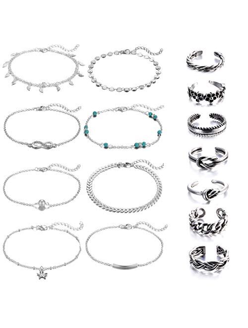 Dremcoue Adjustable Beach Anklets Toe Rings for Women Girls Band Open Toe Ring Anklet Bracelets Chains Beach Foot Jewelry Set 15-22 pcs