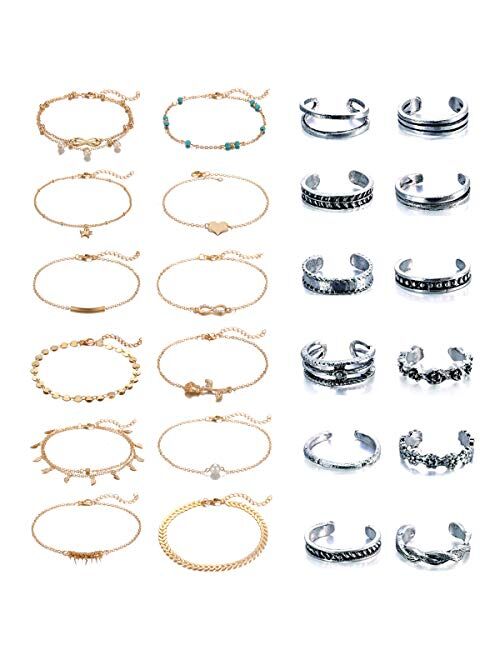 Dremcoue Adjustable Beach Anklets Toe Rings for Women Girls Band Open Toe Ring Anklet Bracelets Chains Beach Foot Jewelry Set 15-22 pcs