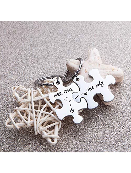 CoupleKeychain Gifts for Husband Wife Him Her PuzzleKeychain Set of 2 Key Ring Charm ValentinesDay Wedding Anniversary Christmas Gifts (Her One His Only)