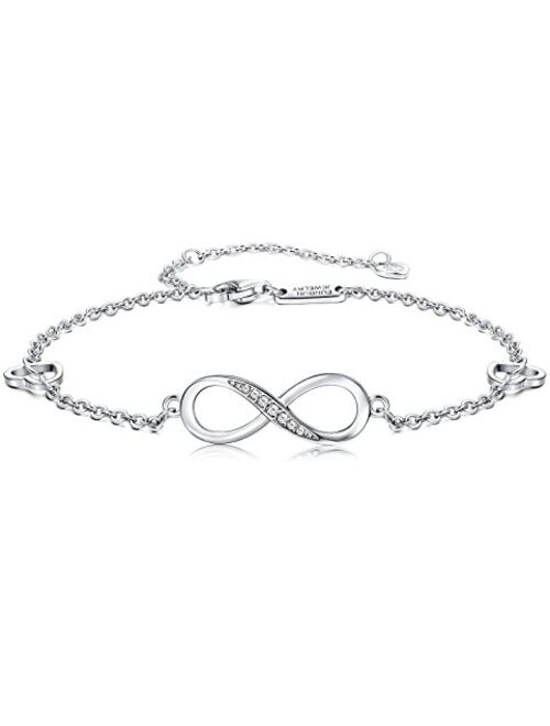 FUNRUN JEWELRY 925 Sterling Silver Infinity Bracelets and Anklet Bracelets for Women Girls 4-Level Adjustable Length Gift for Mother's Day