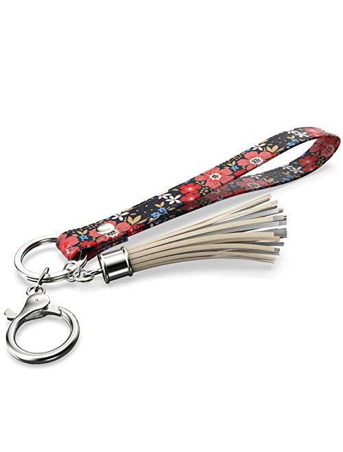 Rose Lake Wristlet Keychain with Tassels Wrist Lanyard Key Chain Holder Floral Leather Hand Strap Car Keyring for Women Girls