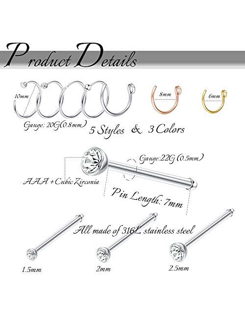 Milacolato 36-75pcs 316L Stainless Steel Nose Ring Hoop Nose Stud Piercing for Women Girls Hoop Cartilage Tragus Ear Piercing Set