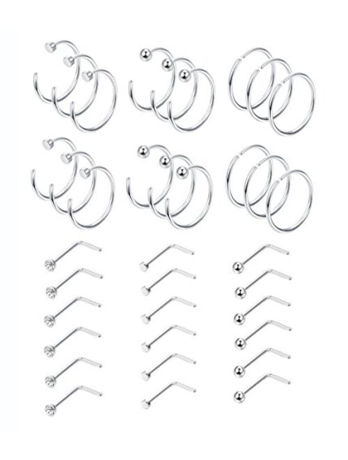 Milacolato 36-75pcs 316L Stainless Steel Nose Ring Hoop Nose Stud Piercing for Women Girls Hoop Cartilage Tragus Ear Piercing Set