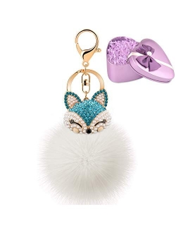 JOUDOO Fluffy Fur Ball Keychain With Gift Box Fox Head Pom Pom Keyring GJ020