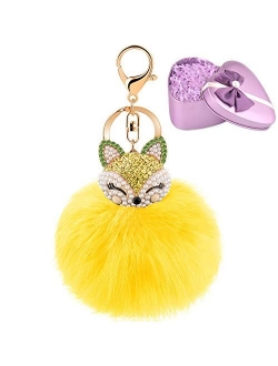 JOUDOO Fluffy Fur Ball Keychain With Gift Box Fox Head Pom Pom Keyring GJ020