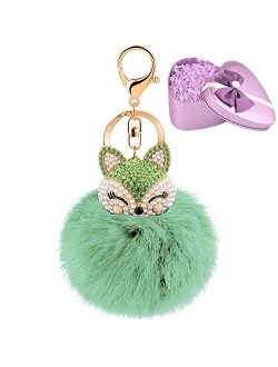 JOUDOO Fluffy Fur Ball Keychain With Gift Box Fox Head Pom Pom Keyring GJ020