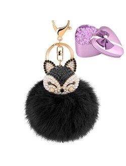 JOUDOO Fluffy Fur Ball Keychain With Gift Box Fox Head Pom Pom Keyring GJ020