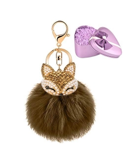 JOUDOO Fluffy Fur Ball Keychain With Gift Box Fox Head Pom Pom Keyring GJ020