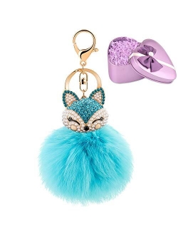 JOUDOO Fluffy Fur Ball Keychain With Gift Box Fox Head Pom Pom Keyring GJ020