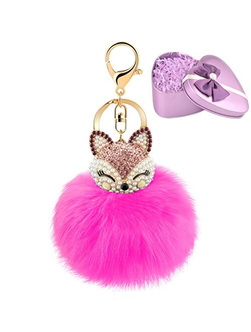 JOUDOO Fluffy Fur Ball Keychain With Gift Box Fox Head Pom Pom Keyring GJ020