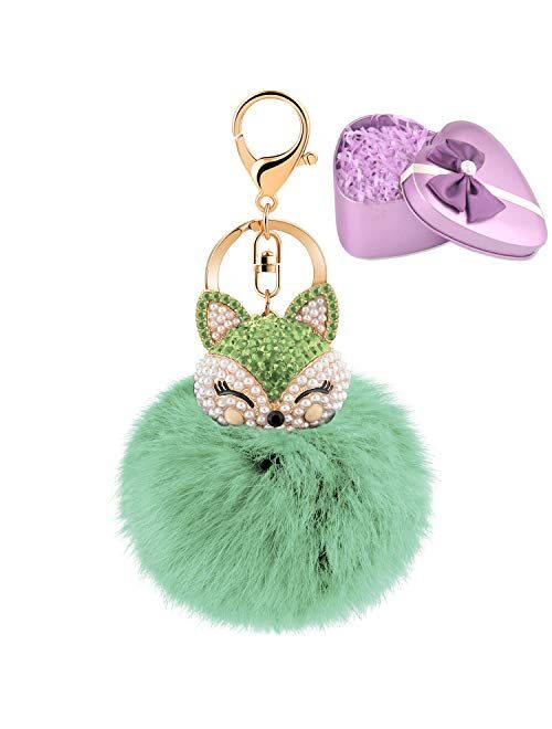 JOUDOO Fluffy Fur Ball Keychain With Gift Box Fox Head Pom Pom Keyring GJ020