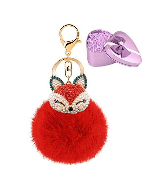 JOUDOO Fluffy Fur Ball Keychain With Gift Box Fox Head Pom Pom Keyring GJ020